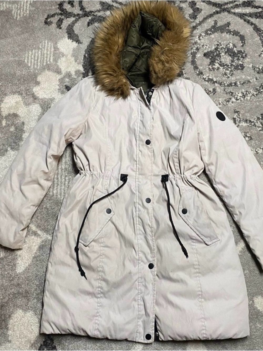 Apt. 9 Ivory Cream Hooded Anorak Puffer Parka Jacket Coat with Faux Fur Trim - Picture 2 of 9